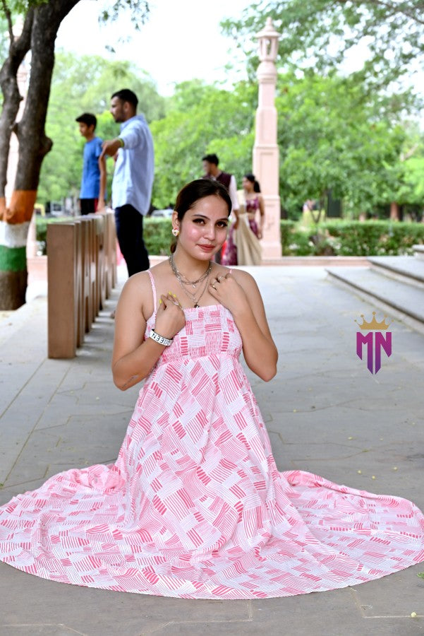 INDOSCART Women’s Pink & White Geometric Cotton Maxi Dress | Smocked Bust Spaghetti Strap Long Dress