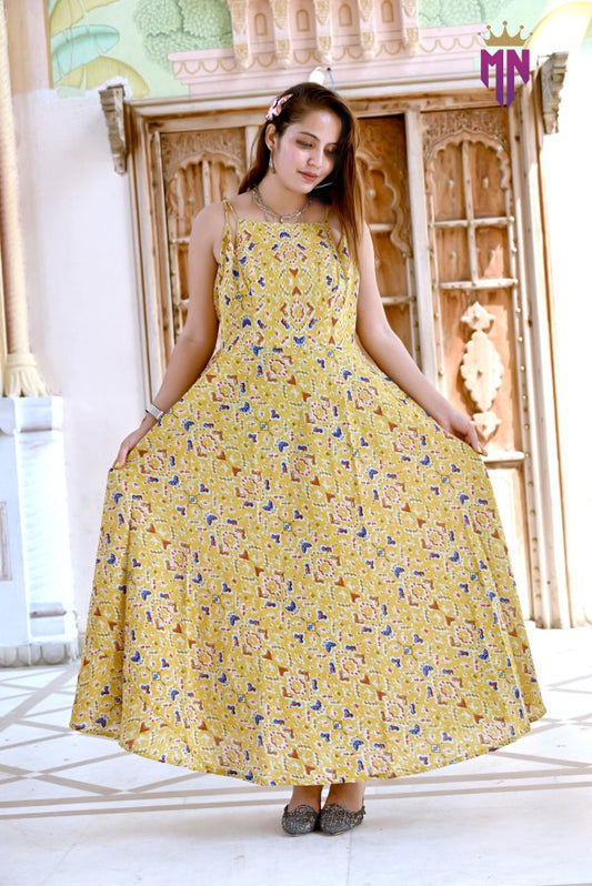 INDOSCART Women’s Yellow Printed Cotton Maxi Dress | Sleeveless Flared Long Dress for Festive & Casual Wear