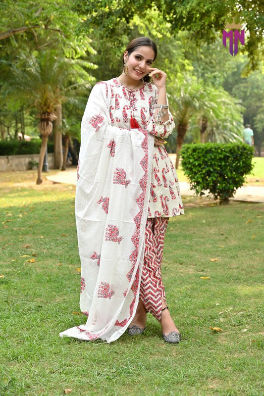 INDOSCART Cotton Dhoti Pant Kurta Set with Dupatta for Women | Printed Ethnic Wear Suit Set