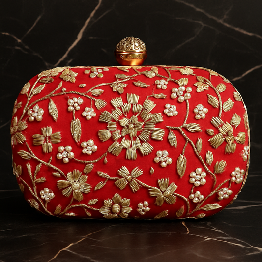 Red Embroidered Clutch with Gold & Pearl Detailing – Wedding Party Box Clutch for Women