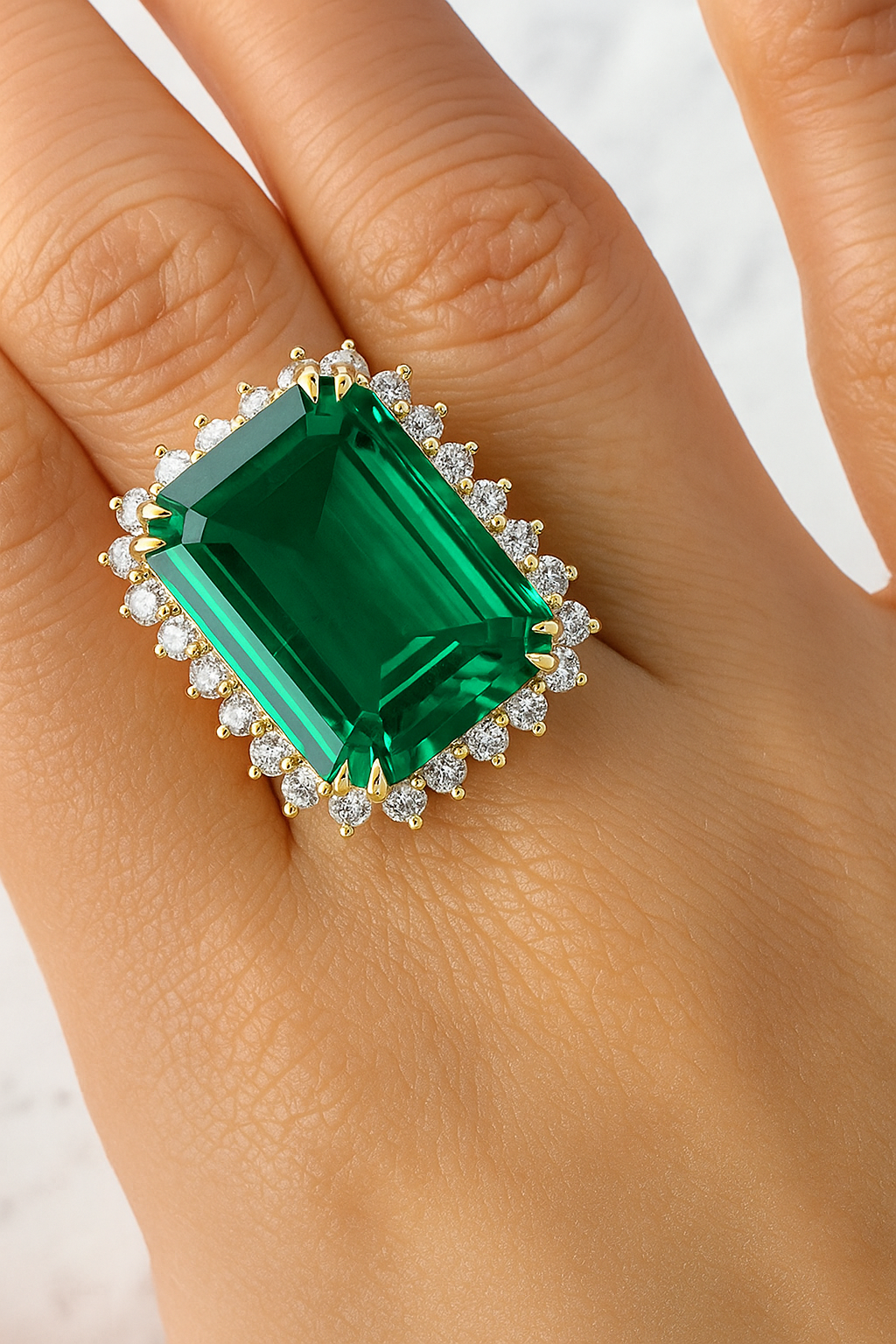 925 Sterling Silver Emerald Cut Green Stone Ring with Diamond Halo – Luxury Statement Ring for Women