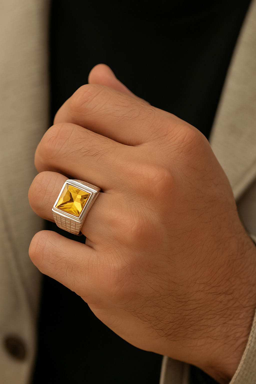 Men’s 925 Sterling Silver Ring with Yellow Citrine Stone – Bold Square Statement Ring