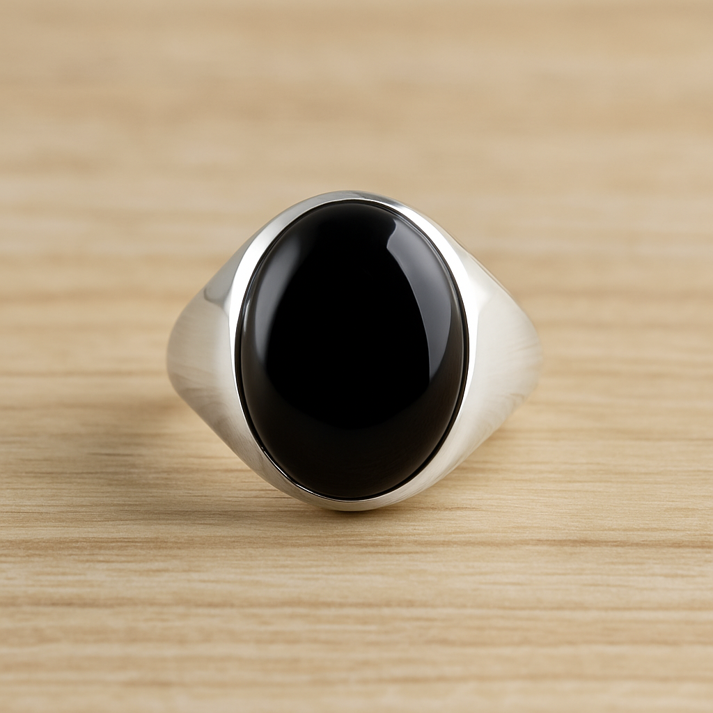 Men’s Oval Blue Onyx Silver Signet Ring – Classic Bold Minimalist Style