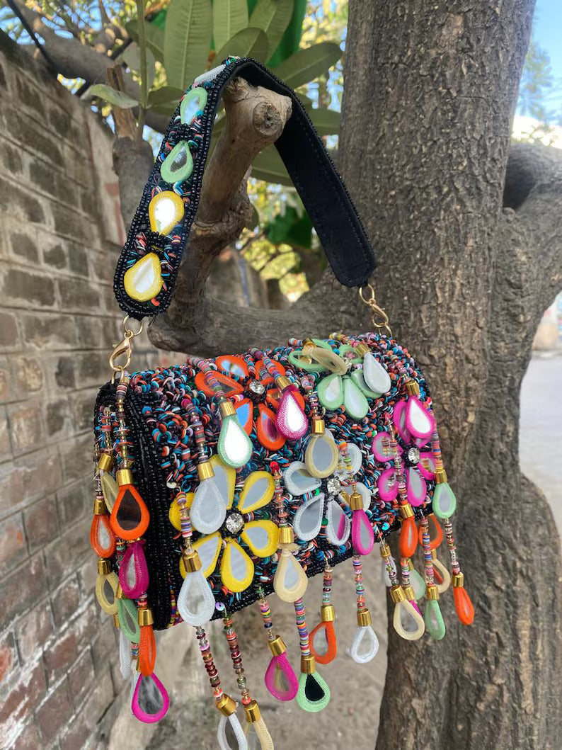 Multicolor Beaded Handbag with Mirror Work | Handmade Floral Party & Wedding Clutch