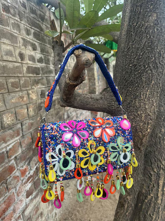 Multicolor Beaded Handbag with Mirror Work | Handmade Floral Party & Wedding Clutch