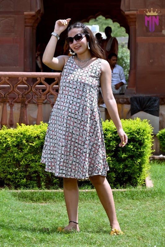 INDOSCART Women’s White Cotton Short Dress | Sleeveless Red & Black Floral Printed Dress