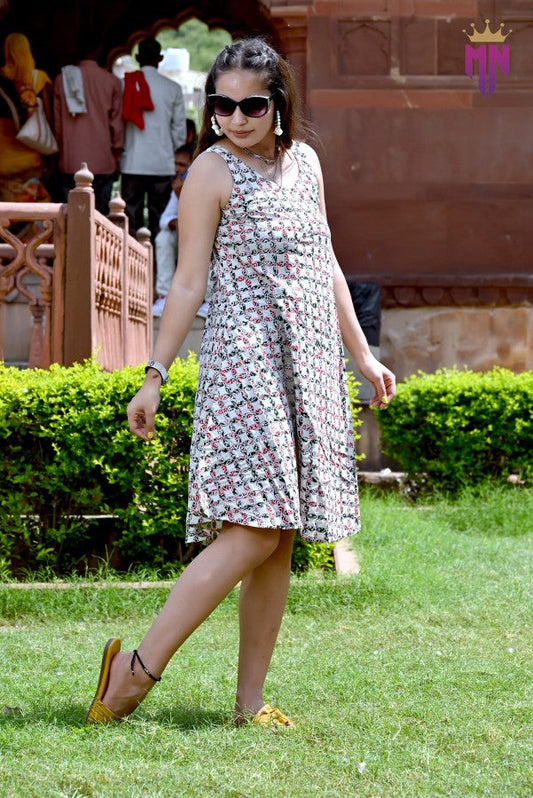 INDOSCART Women’s White Cotton Short Dress | Sleeveless Red & Black Floral Printed Dress