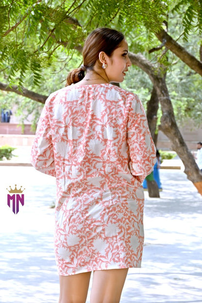 INDOSCART Women’s Peach & White Cotton Short Dress | V-Neck 3/4th Sleeve Printed Dress