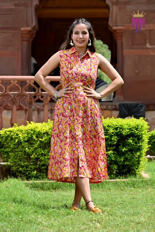 INDOSCART Women’s Pink Cotton Midi Dress | Sleeveless Floral Printed Collared Dress