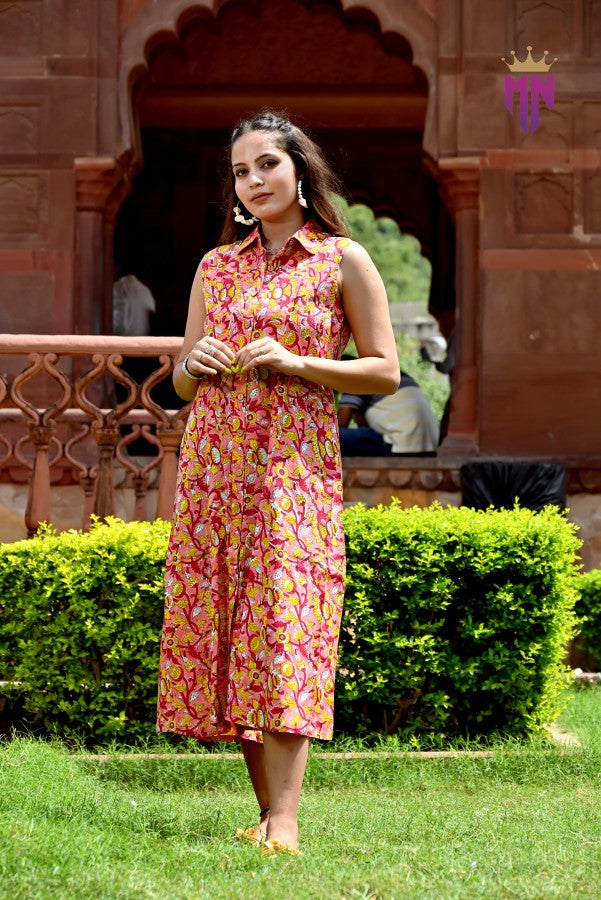 INDOSCART Women’s Pink Cotton Midi Dress | Sleeveless Floral Printed Collared Dress