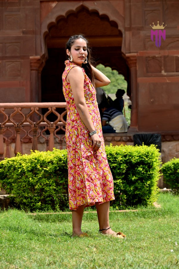 INDOSCART Women’s Pink Cotton Midi Dress | Sleeveless Floral Printed Collared Dress