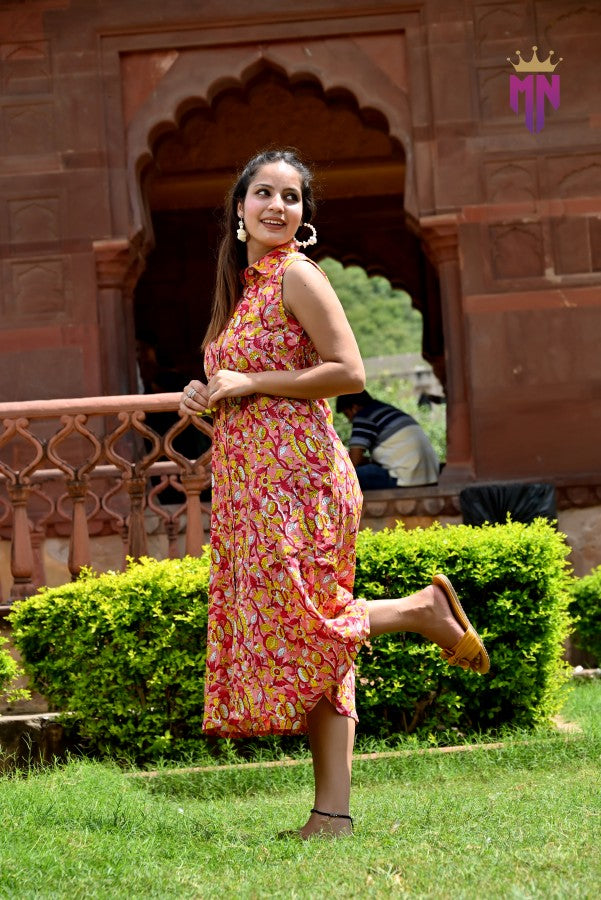 INDOSCART Women’s Pink Cotton Midi Dress | Sleeveless Floral Printed Collared Dress