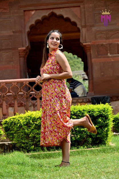 INDOSCART Women’s Pink Cotton Midi Dress | Sleeveless Floral Printed Collared Dress