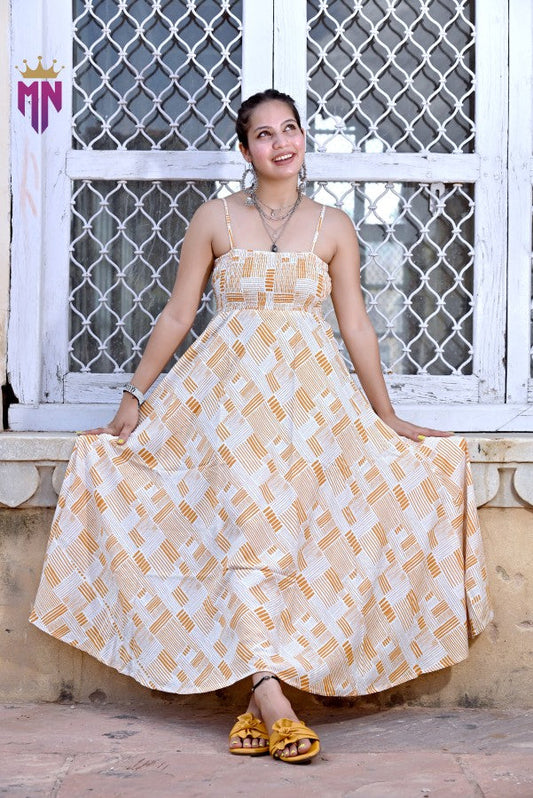 INDOSCART Women’s Yellow & White Geometric Cotton Maxi Dress | Spaghetti Strap Smocked Bust Long Dress