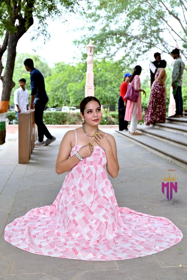 INDOSCART Women’s Pink & White Geometric Cotton Maxi Dress | Smocked Bust Spaghetti Strap Long Dress