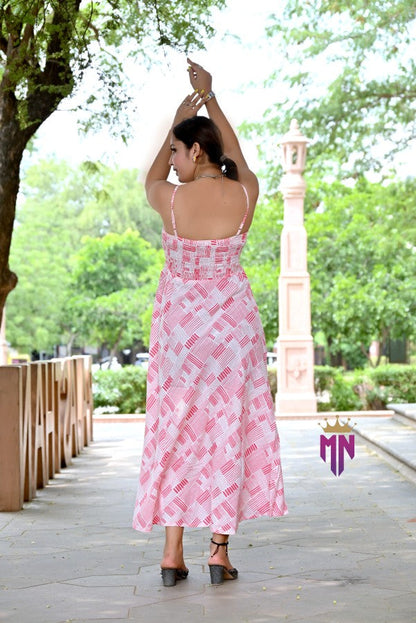 INDOSCART Women’s Pink & White Geometric Cotton Maxi Dress | Smocked Bust Spaghetti Strap Long Dress