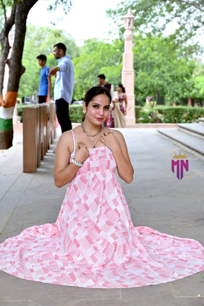 INDOSCART Women’s Pink & White Geometric Cotton Maxi Dress | Smocked Bust Spaghetti Strap Long Dress