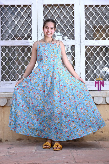 INDOSCART Women’s Blue Cotton Printed Maxi Dress | Ikat Print Flared Long Dress with Spaghetti Straps