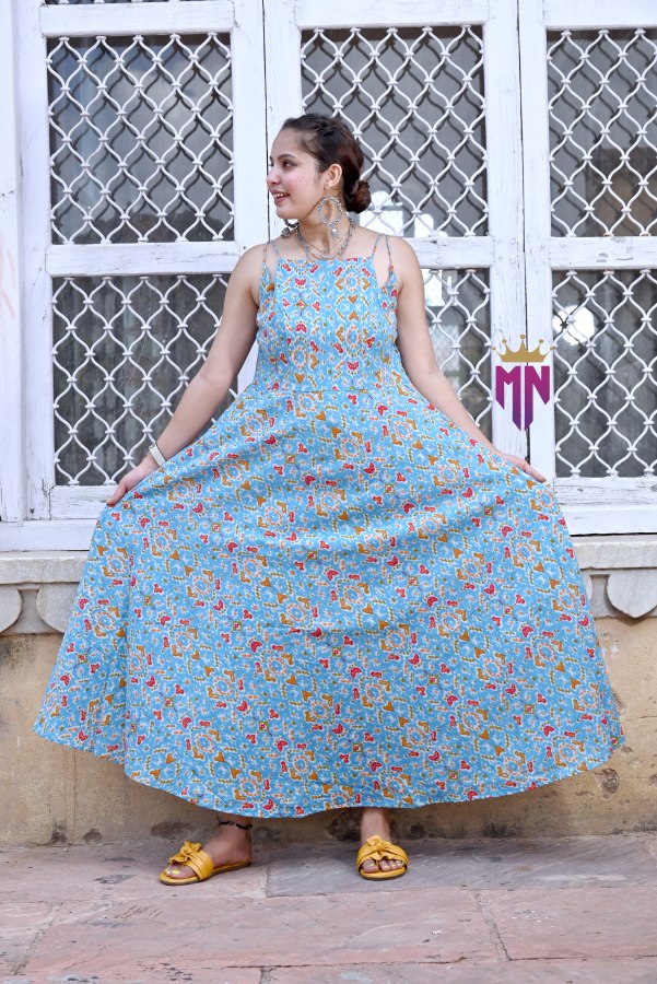 INDOSCART Women’s Blue Cotton Printed Maxi Dress | Ikat Print Flared Long Dress with Spaghetti Straps