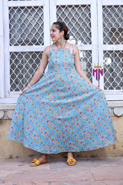 INDOSCART Women’s Blue Cotton Printed Maxi Dress | Ikat Print Flared Long Dress with Spaghetti Straps