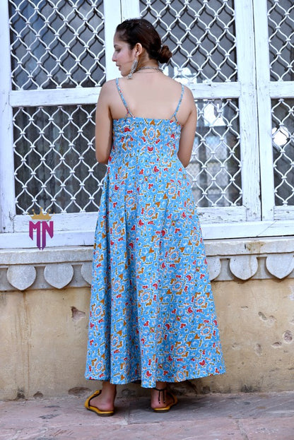 INDOSCART Women’s Blue Cotton Printed Maxi Dress | Ikat Print Flared Long Dress with Spaghetti Straps