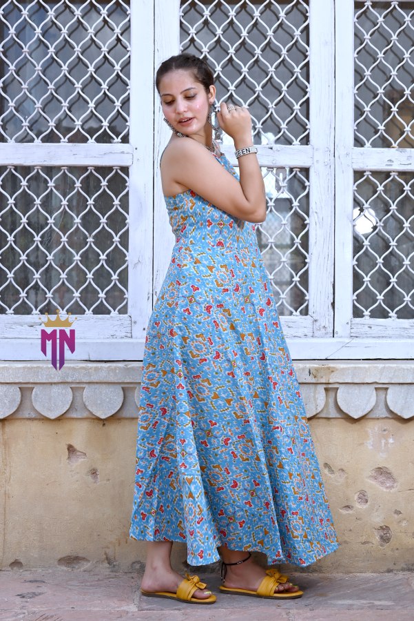 INDOSCART Women’s Blue Cotton Printed Maxi Dress | Ikat Print Flared Long Dress with Spaghetti Straps