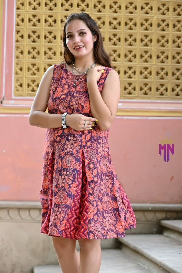 INDOSCART Women’s Maroon & Orange Cotton Printed A-Line Dress | Sleeveless Casual & Festive Wear Dress