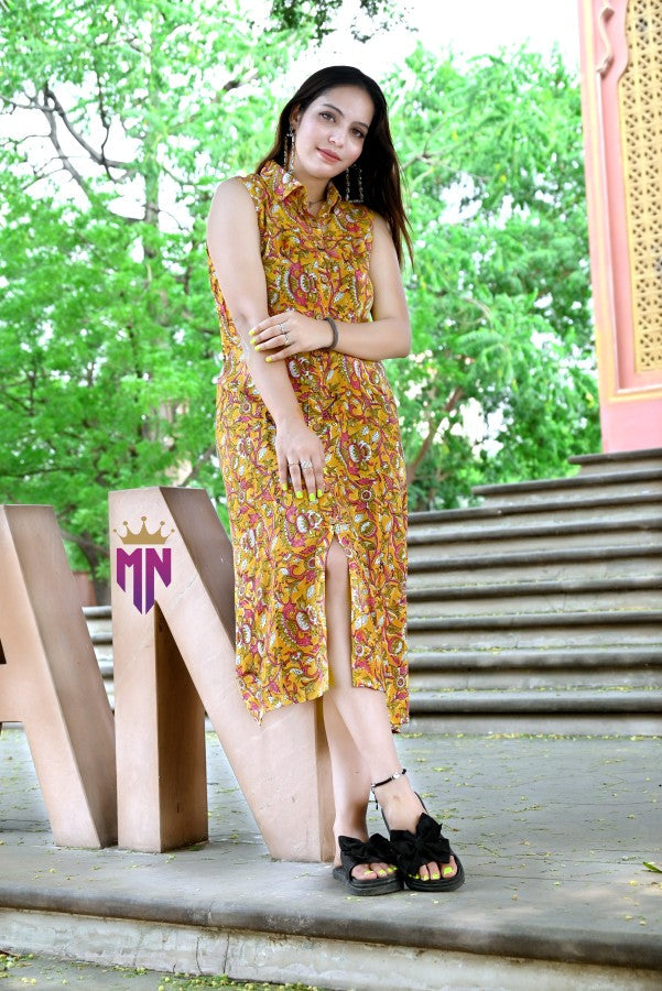 INDOSCART Women’s Cotton Printed Midi Dress | Sleeveless Yellow Floral Summer Dress with Front Slit