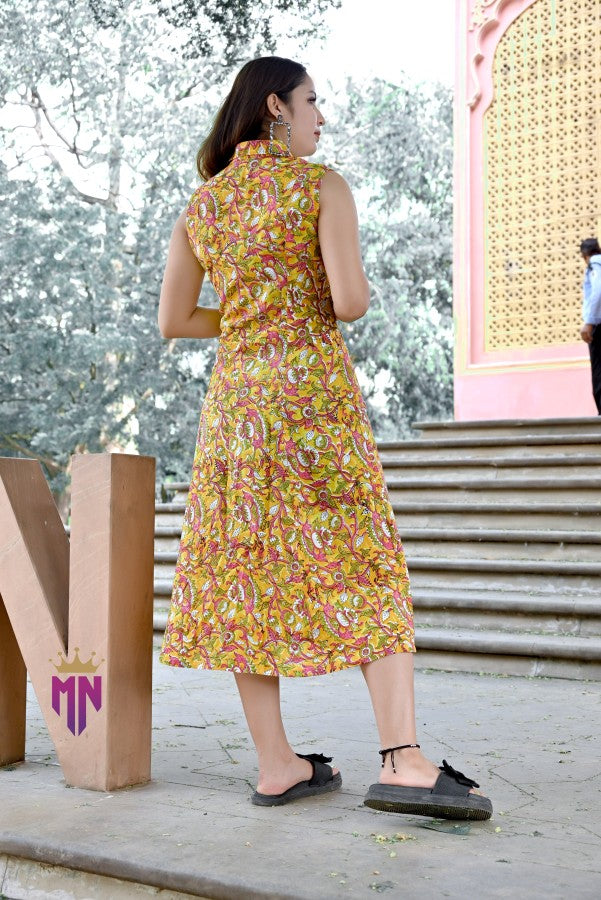 INDOSCART Women’s Cotton Printed Midi Dress | Sleeveless Yellow Floral Summer Dress with Front Slit