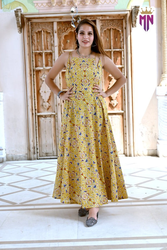 INDOSCART Women’s Yellow Printed Cotton Maxi Dress | Sleeveless Flared Long Dress for Festive & Casual Wear