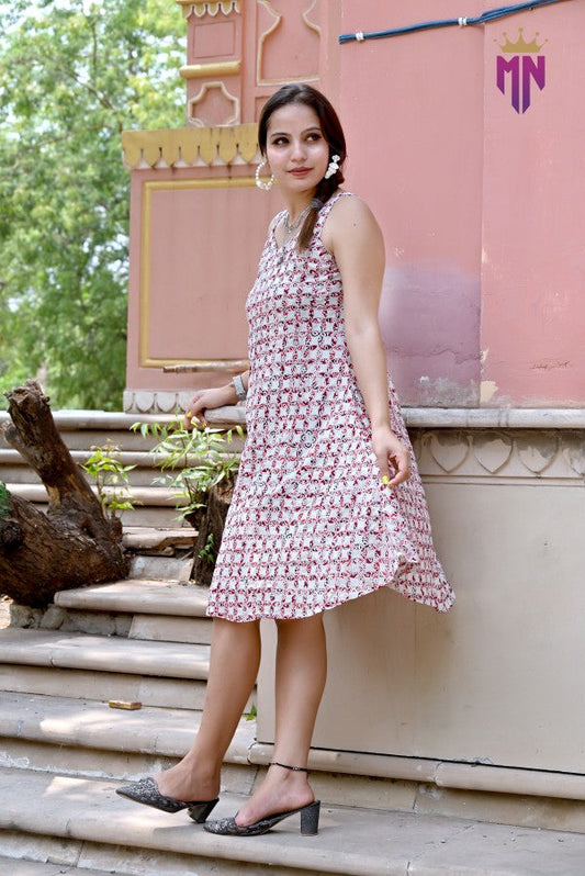 INDOSCART Women’s White & Red Printed Cotton Sleeveless Knee-Length Dress | Casual Summer A-Line Dress
