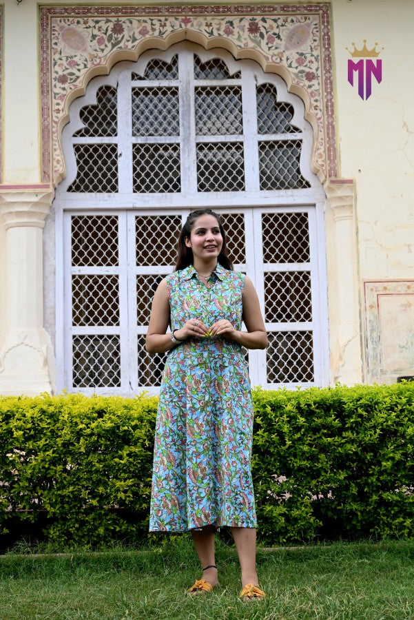 INDOSCART Women’s Green Multicolor Printed Cotton Sleeveless Shirt Collar Midi Dress | Casual Summer Cotton Dress