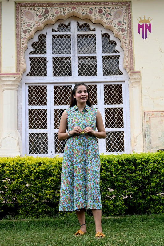 INDOSCART Women’s Green Multicolor Printed Cotton Sleeveless Shirt Collar Midi Dress | Casual Summer Cotton Dress