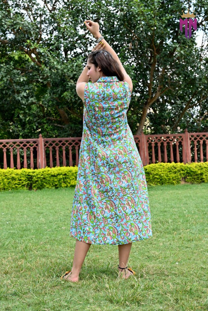 INDOSCART Women’s Green Multicolor Printed Cotton Sleeveless Shirt Collar Midi Dress | Casual Summer Cotton Dress