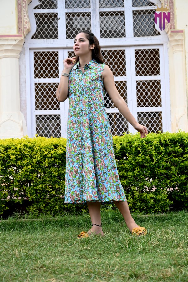 INDOSCART Women’s Green Multicolor Printed Cotton Sleeveless Shirt Collar Midi Dress | Casual Summer Cotton Dress
