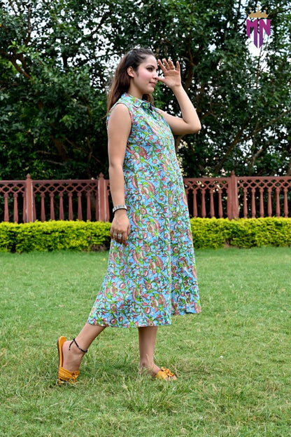 INDOSCART Women’s Green Multicolor Printed Cotton Sleeveless Shirt Collar Midi Dress | Casual Summer Cotton Dress