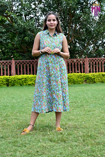 INDOSCART Women’s Green Multicolor Printed Cotton Sleeveless Shirt Collar Midi Dress | Casual Summer Cotton Dress