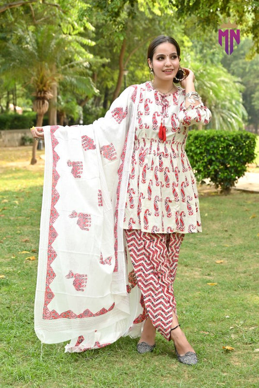 INDOSCART Cotton Dhoti Pant Kurta Set with Dupatta for Women | Printed Ethnic Wear Suit Set