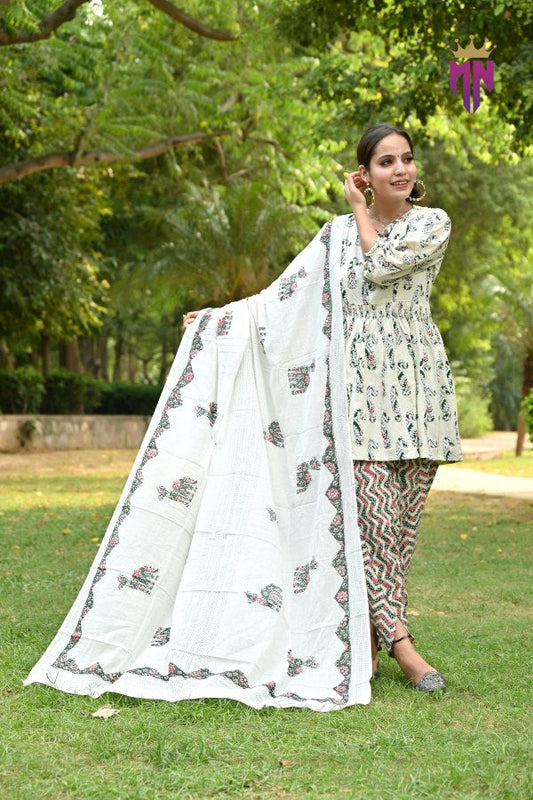 INDOSCART Cotton Dhoti Pant Kurta Set with Dupatta for Women | Printed Summer Ethnic Wear