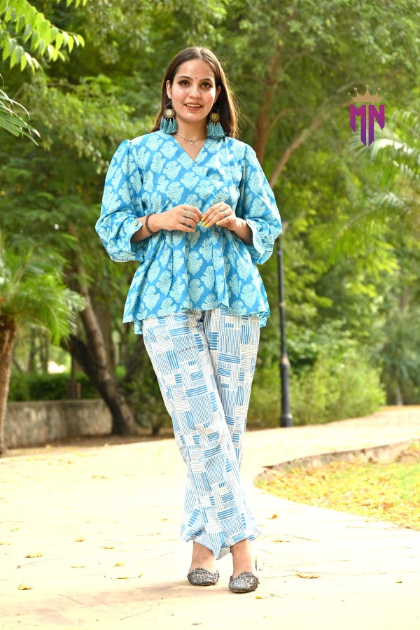 INDOSCART Women’s Cotton Printed Co-ord Set | Stylish Blue Top & Pant for Daily & Office Wear