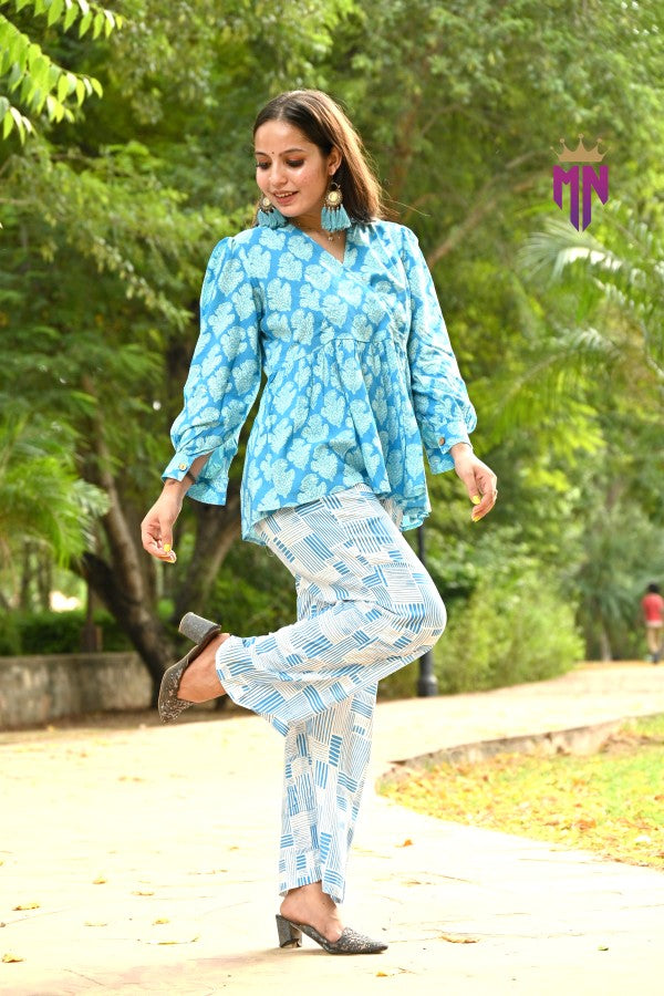 INDOSCART Women’s Cotton Printed Co-ord Set | Stylish Blue Top & Pant for Daily & Office Wear