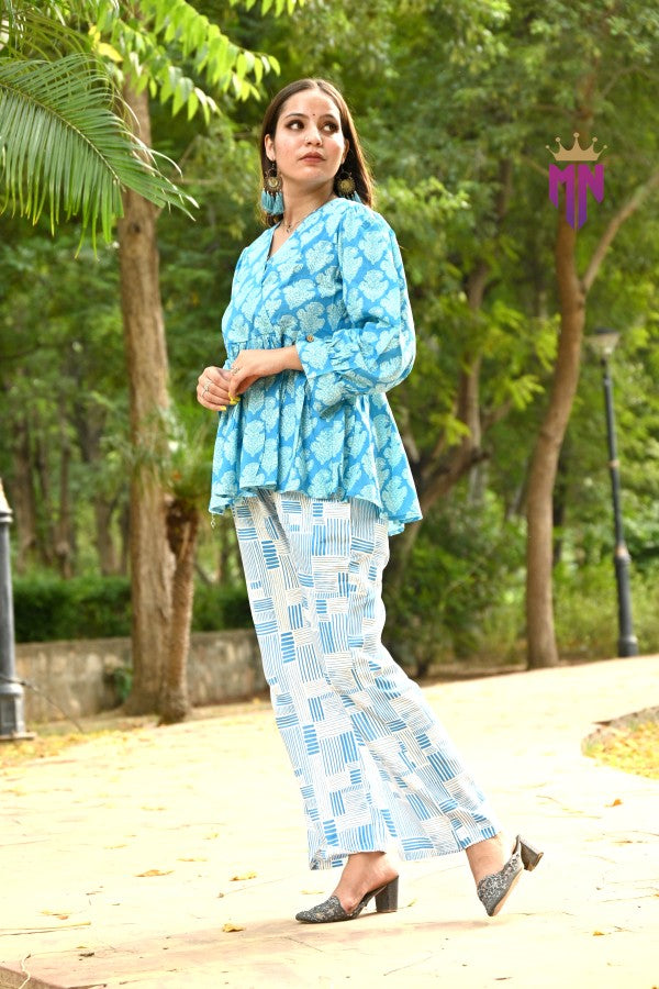 INDOSCART Women’s Cotton Printed Co-ord Set | Stylish Blue Top & Pant for Daily & Office Wear