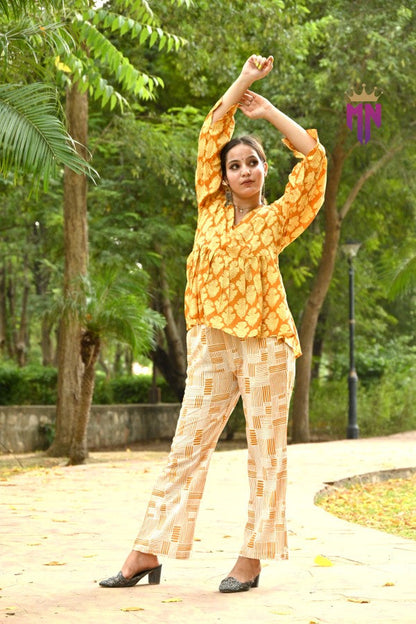 INDOSCART Women’s Cotton Printed Co-ord Set | Elegant Yellow Top & Pant for Daily, Office & Casual Wear