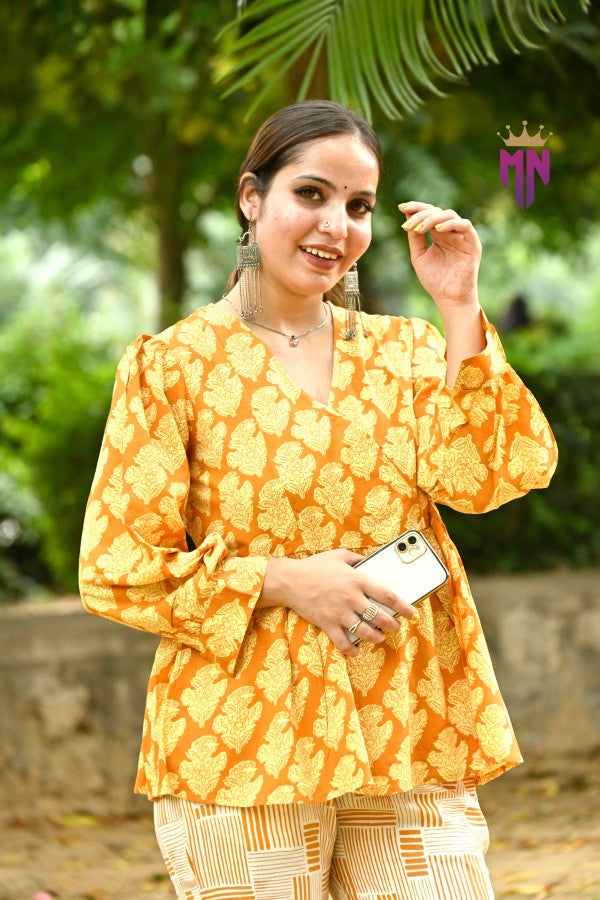 INDOSCART Women’s Cotton Printed Co-ord Set | Elegant Yellow Top & Pant for Daily, Office & Casual Wear