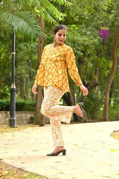 INDOSCART Women’s Cotton Printed Co-ord Set | Elegant Yellow Top & Pant for Daily, Office & Casual Wear