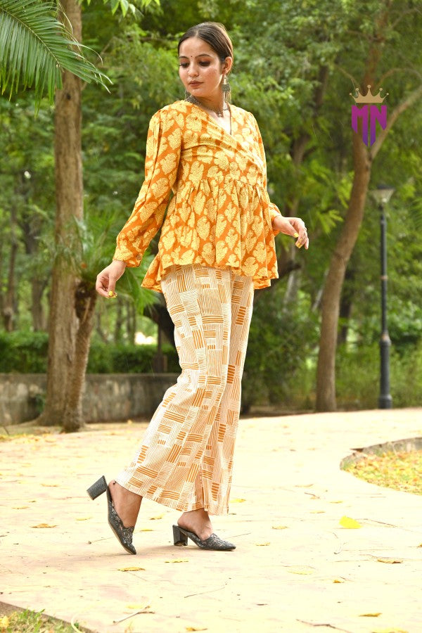 INDOSCART Women’s Cotton Printed Co-ord Set | Elegant Yellow Top & Pant for Daily, Office & Casual Wear