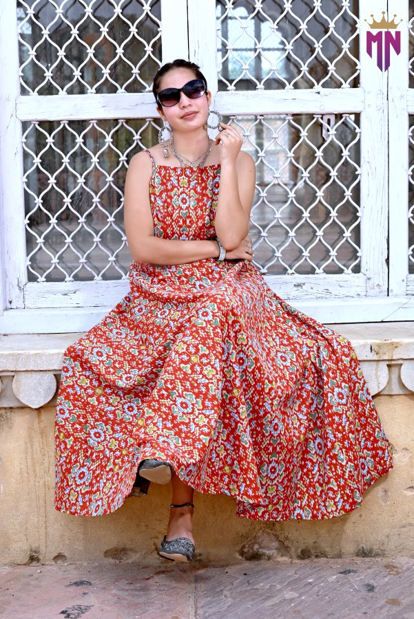 INDOSCART Women’s Sleeveless Cotton Maxi Dress | Boho Printed Red Long Dress for Summer & Casual Wear