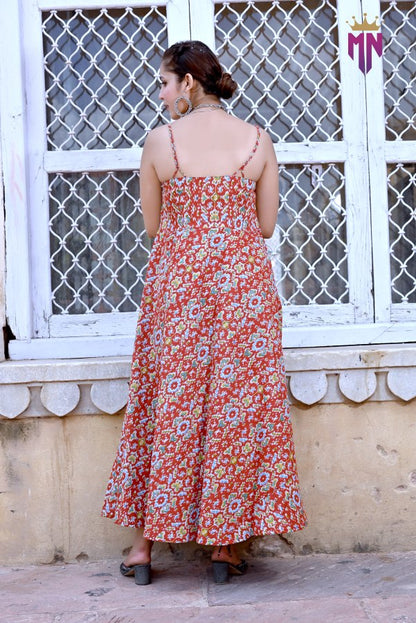 INDOSCART Women’s Sleeveless Cotton Maxi Dress | Boho Printed Red Long Dress for Summer & Casual Wear