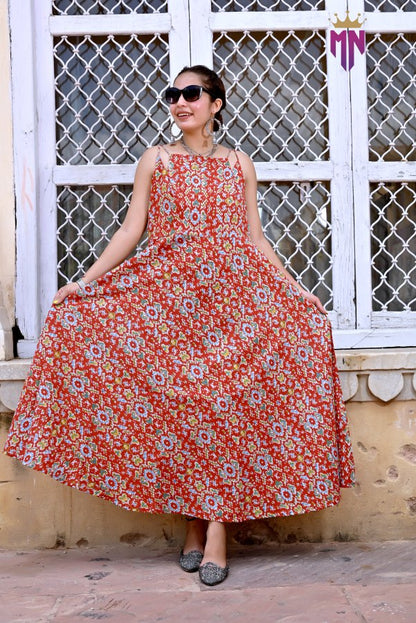 INDOSCART Women’s Sleeveless Cotton Maxi Dress | Boho Printed Red Long Dress for Summer & Casual Wear