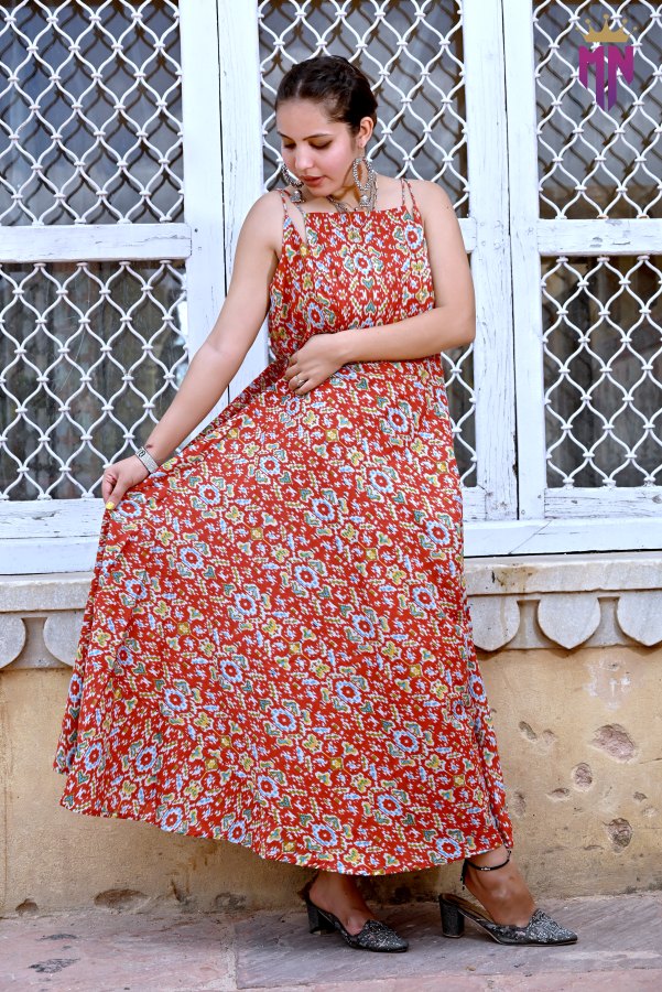INDOSCART Women’s Sleeveless Cotton Maxi Dress | Boho Printed Red Long Dress for Summer & Casual Wear